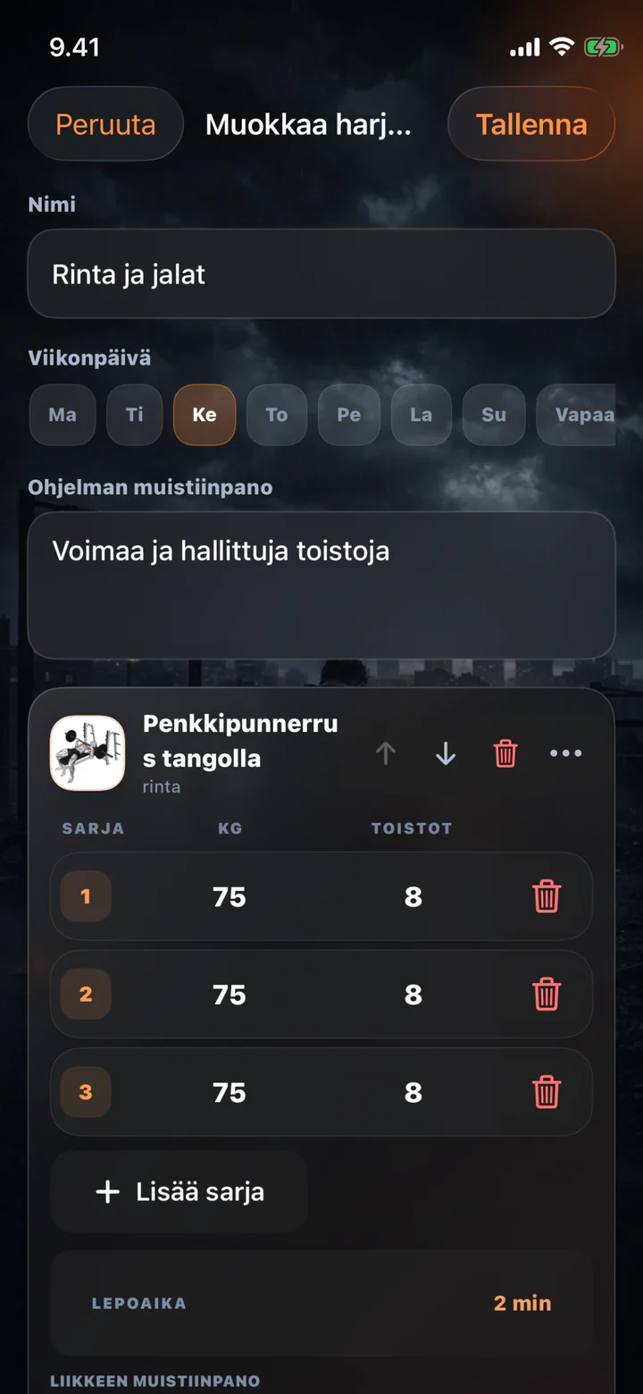 Ohjelman muokkaus Treeniketun iPhone-sovelluksessa