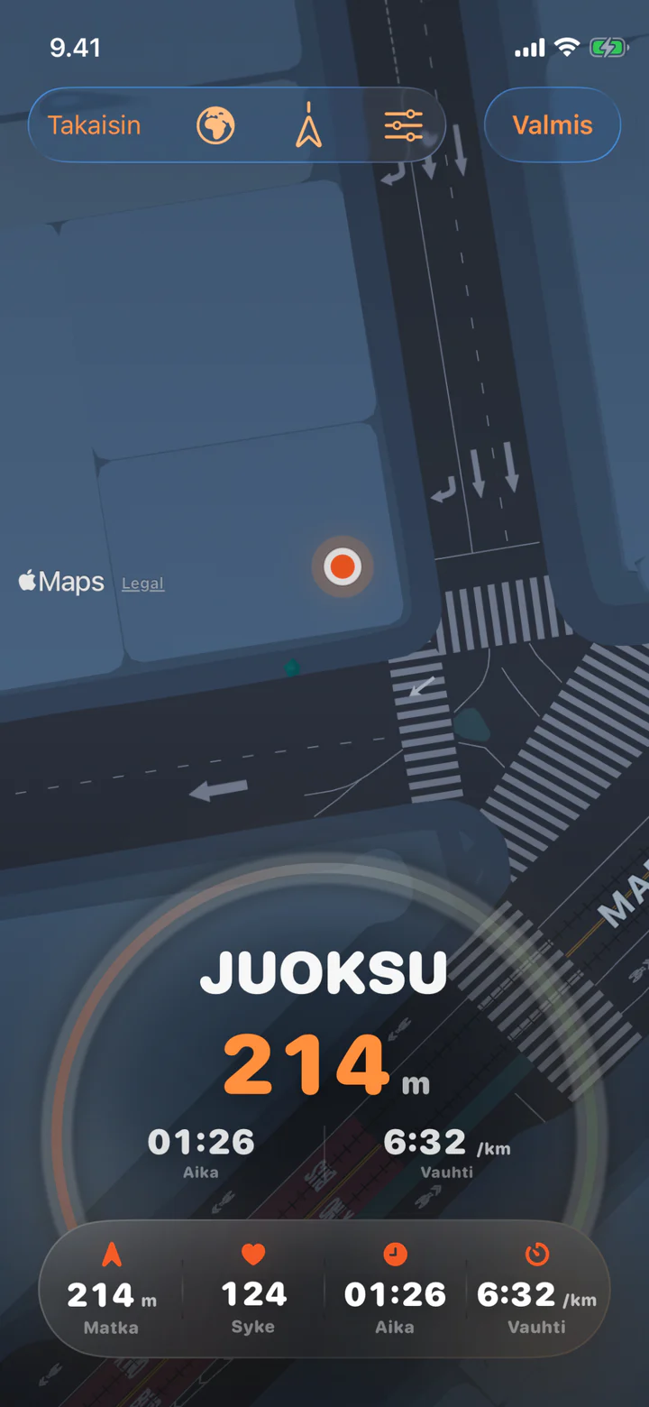Juoksun harjoitusnäkymä Treeniketun iPhone-sovelluksessa